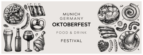 Vintage style German food sketch collection. Oktoberfest menu design elements. Hand drawn vector dishes drawings set. German cuisine menu. Black and white food sketched illustrations